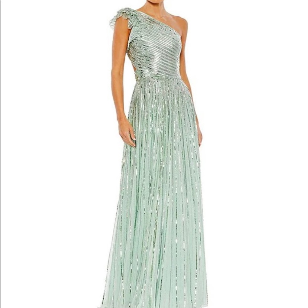 Mac Duggal one-shoulder green sequined gown